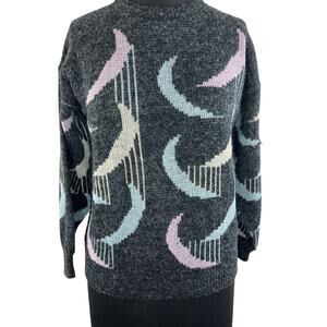 VINTAGE Adele Knitwear Retro Print Gray Silver Pullover Sweater Crew Neck 3 VTG